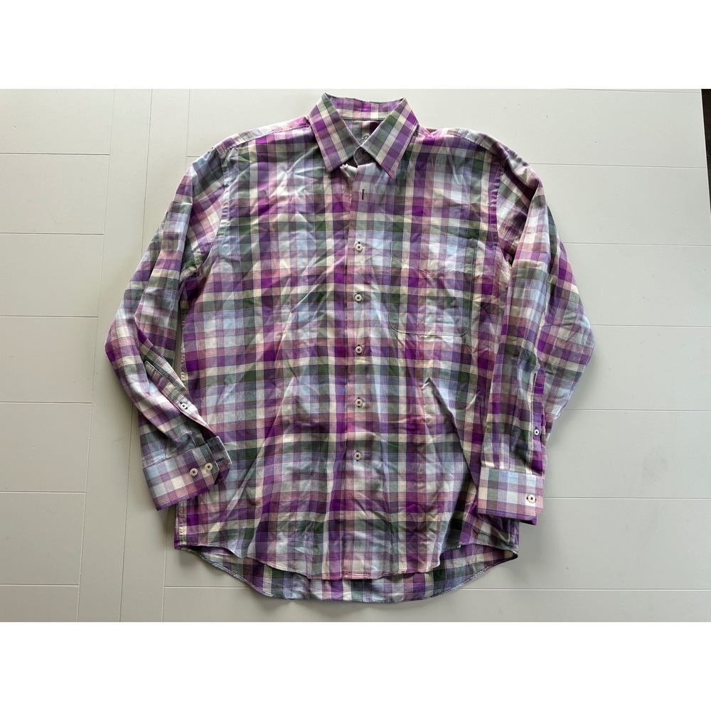 Alan Flusser Mens Purple Green Plaid Long Sleeve Button Down Cotton Shirt Medium